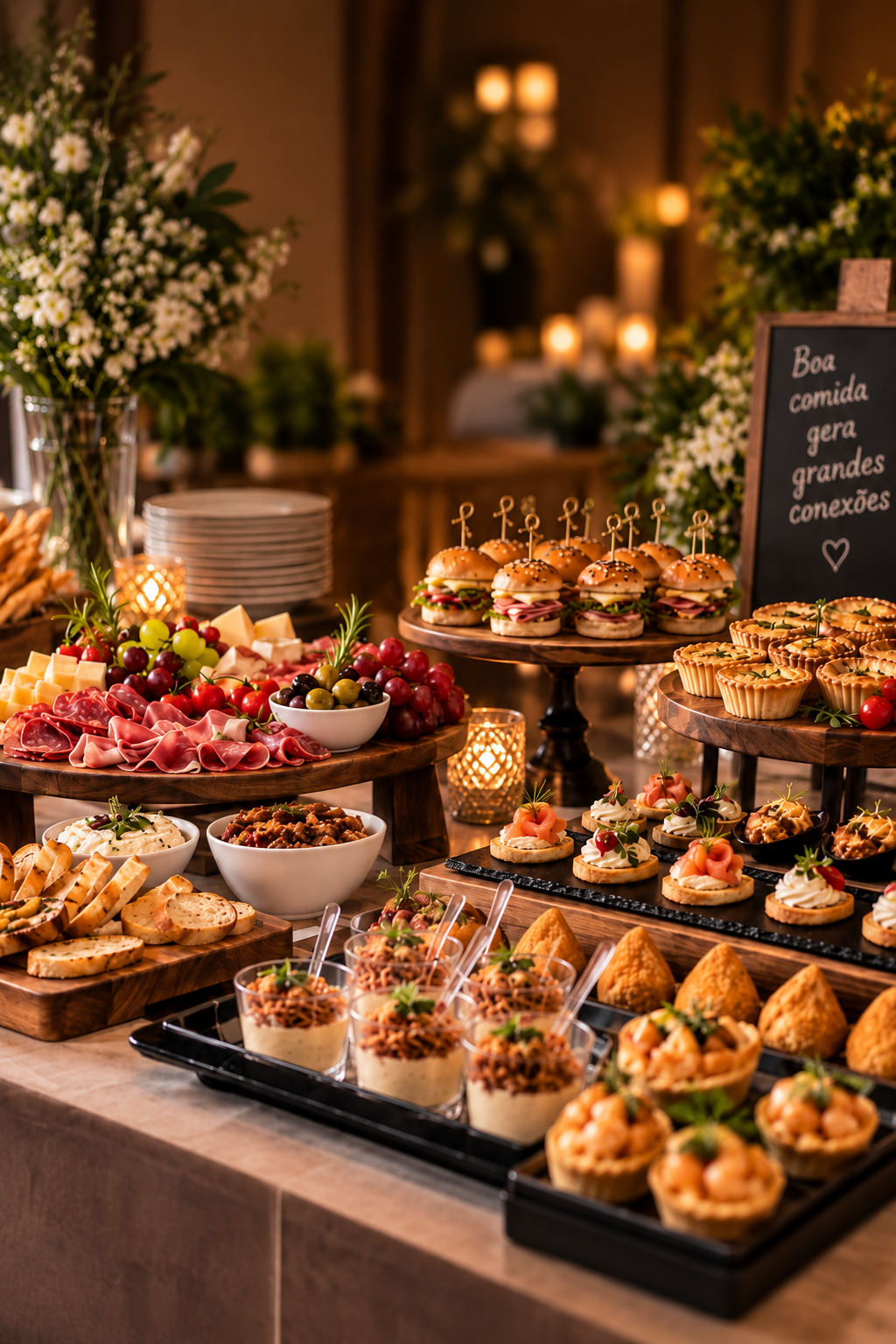 Mesa de coquetel com canapés, torteletas e drinks