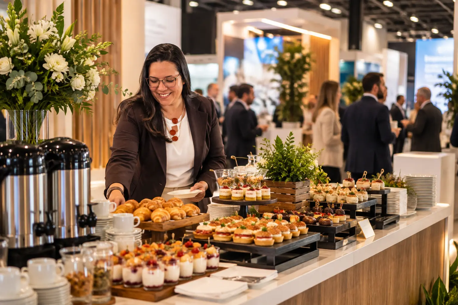 Buffet montado em feira corporativa com convidados ao fundo