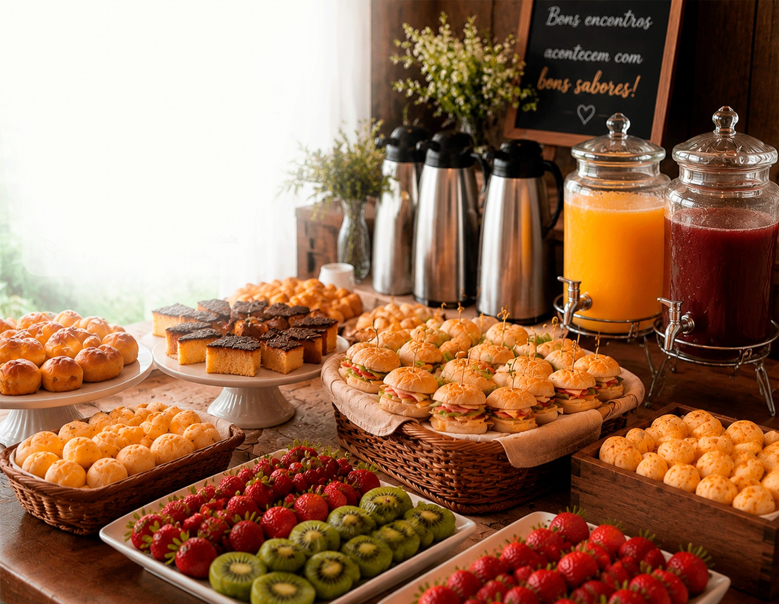 Coffee break com sucos, cafés, frutas, bolos e mini sanduíches