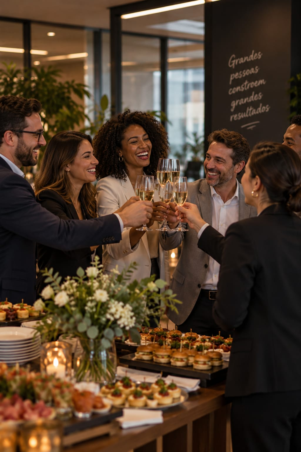 Equipe corporativa brindando durante confraternização com mesa de finger food