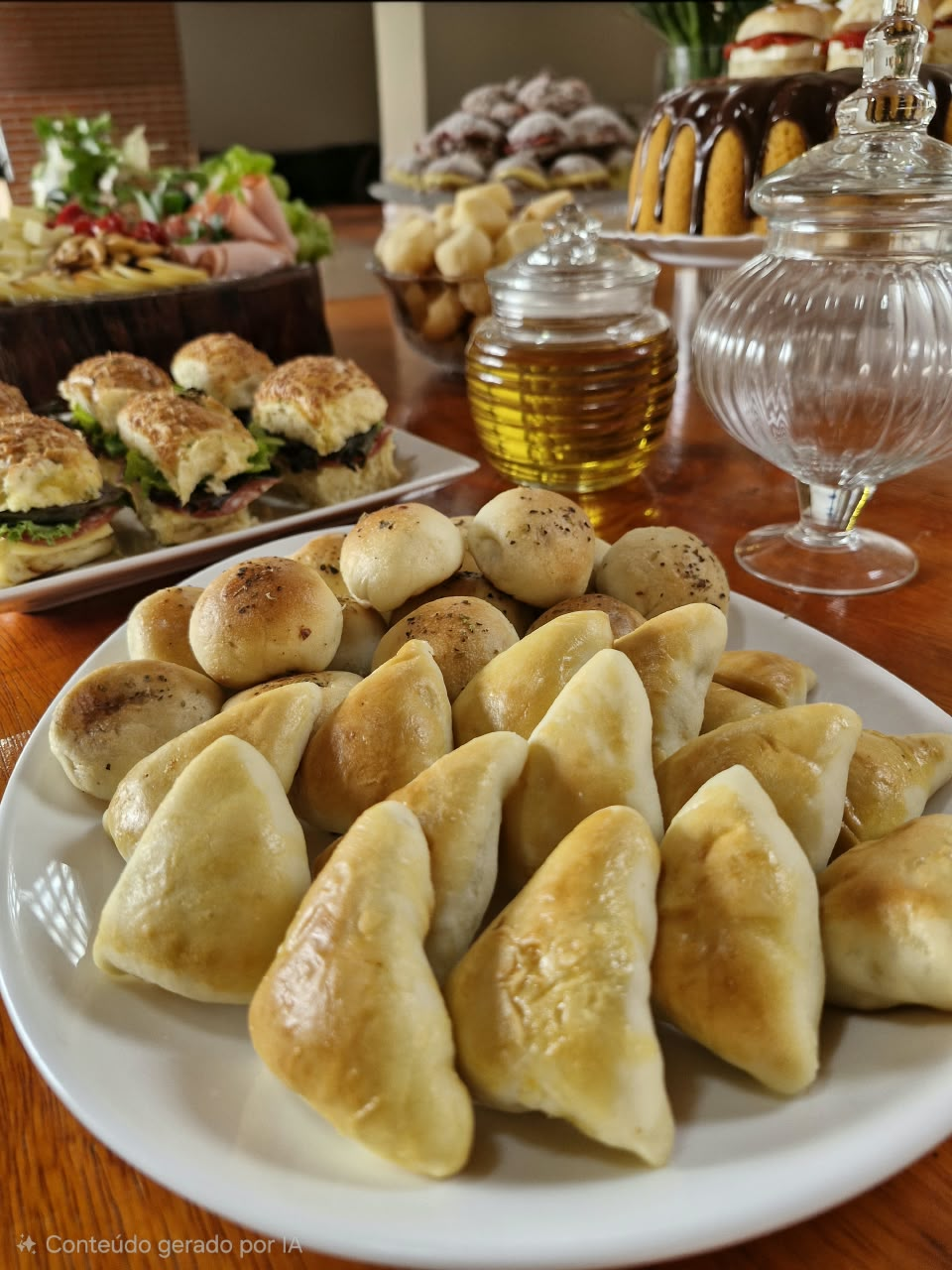 Salgados assados e pães servidos em buffet