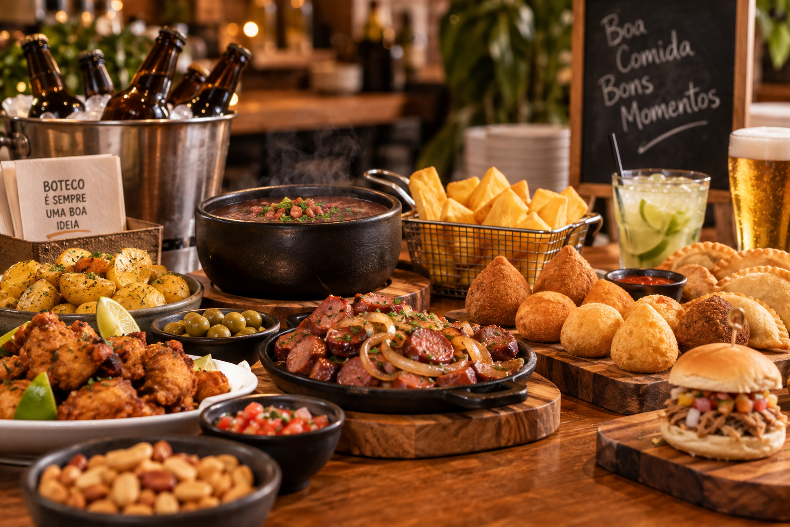 Mesa de comidinhas de boteco com coxinhas, pastéis e porções