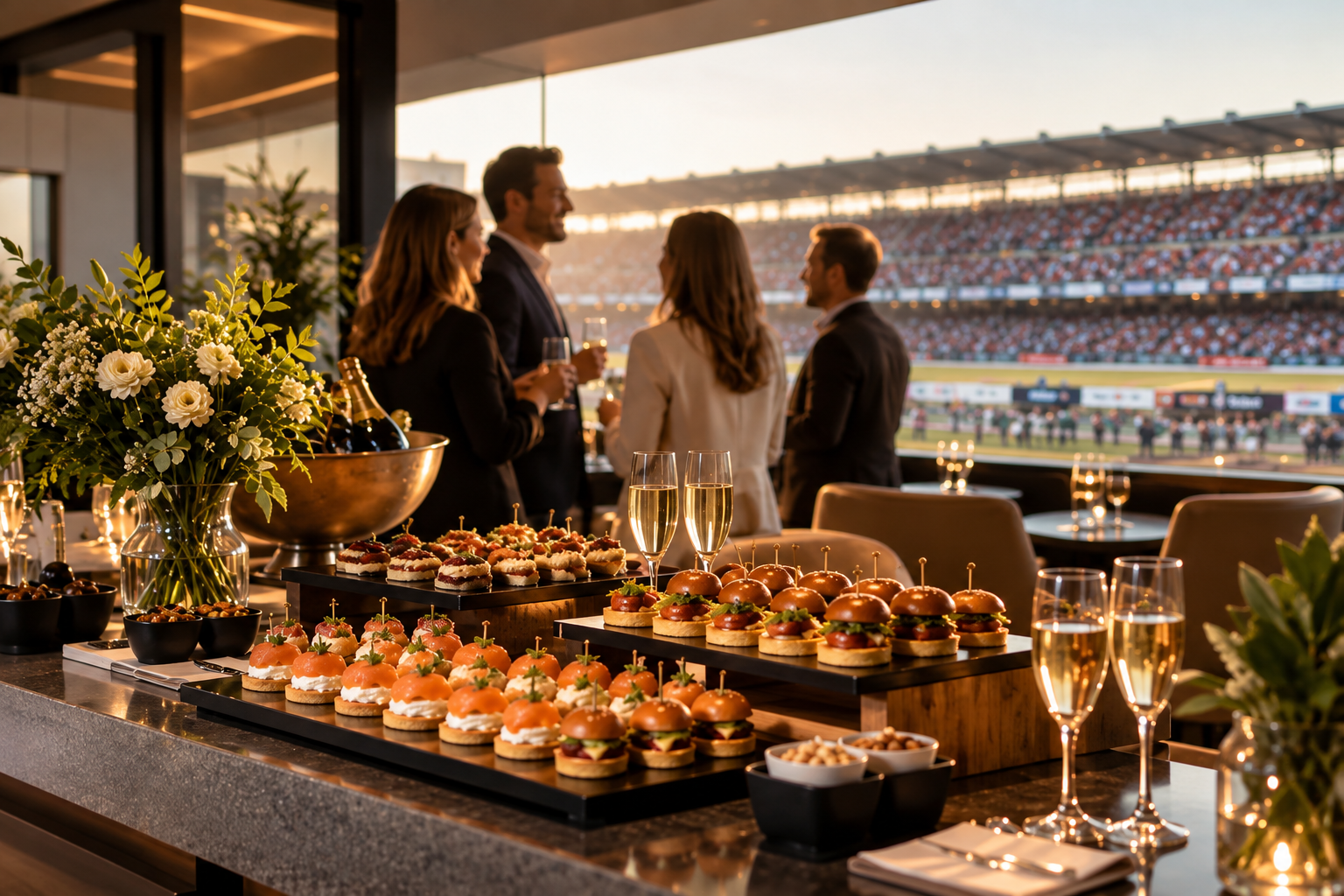 Camarote corporativo com finger foods, espumante e vista para estádio