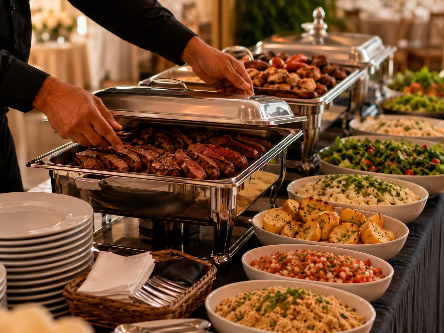 Carnes fatiadas sendo servidas em réchaud de buffet